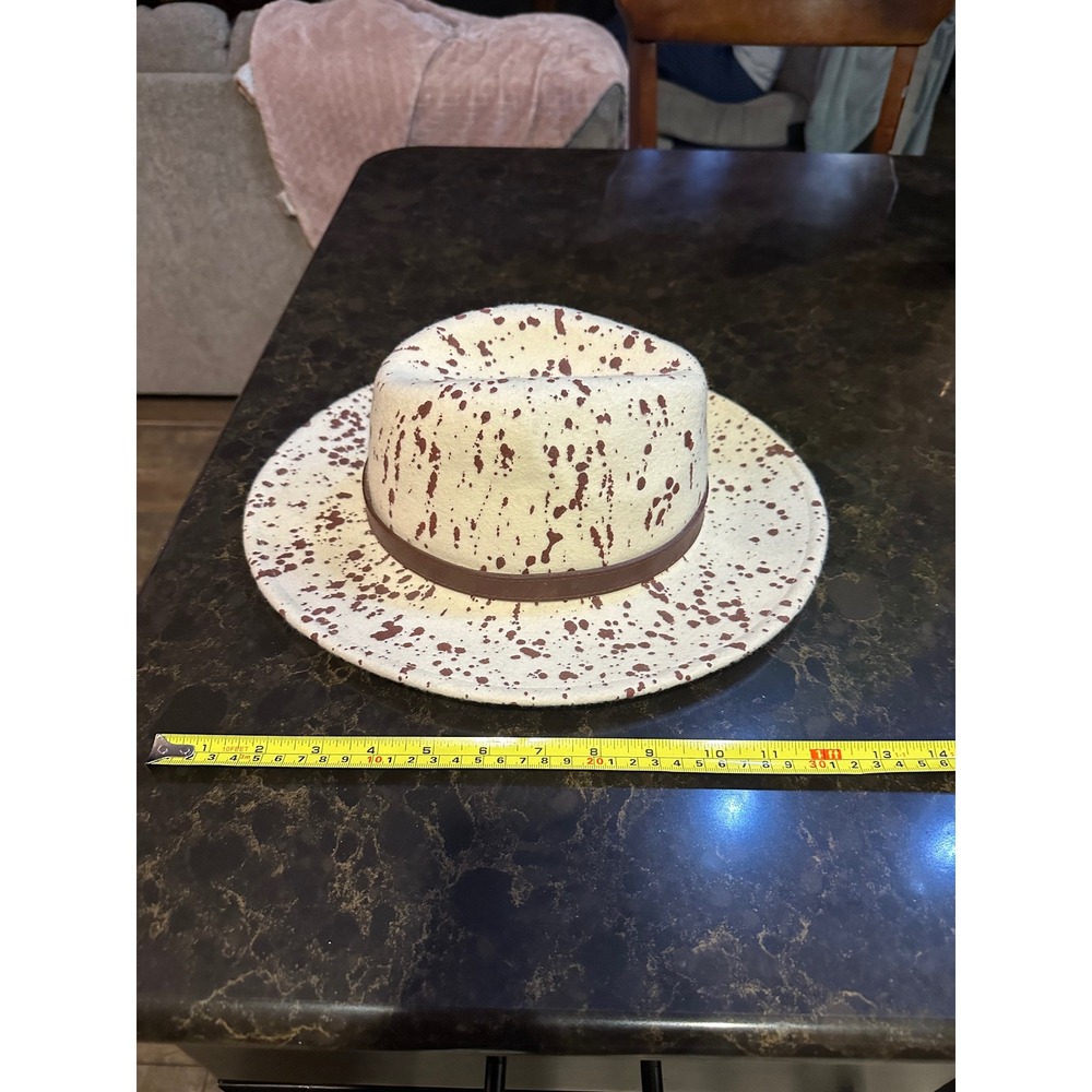 Altar'd State Cream Brown Paint Splatter Wool Fedora Hat Wide Brim Boho One Size
